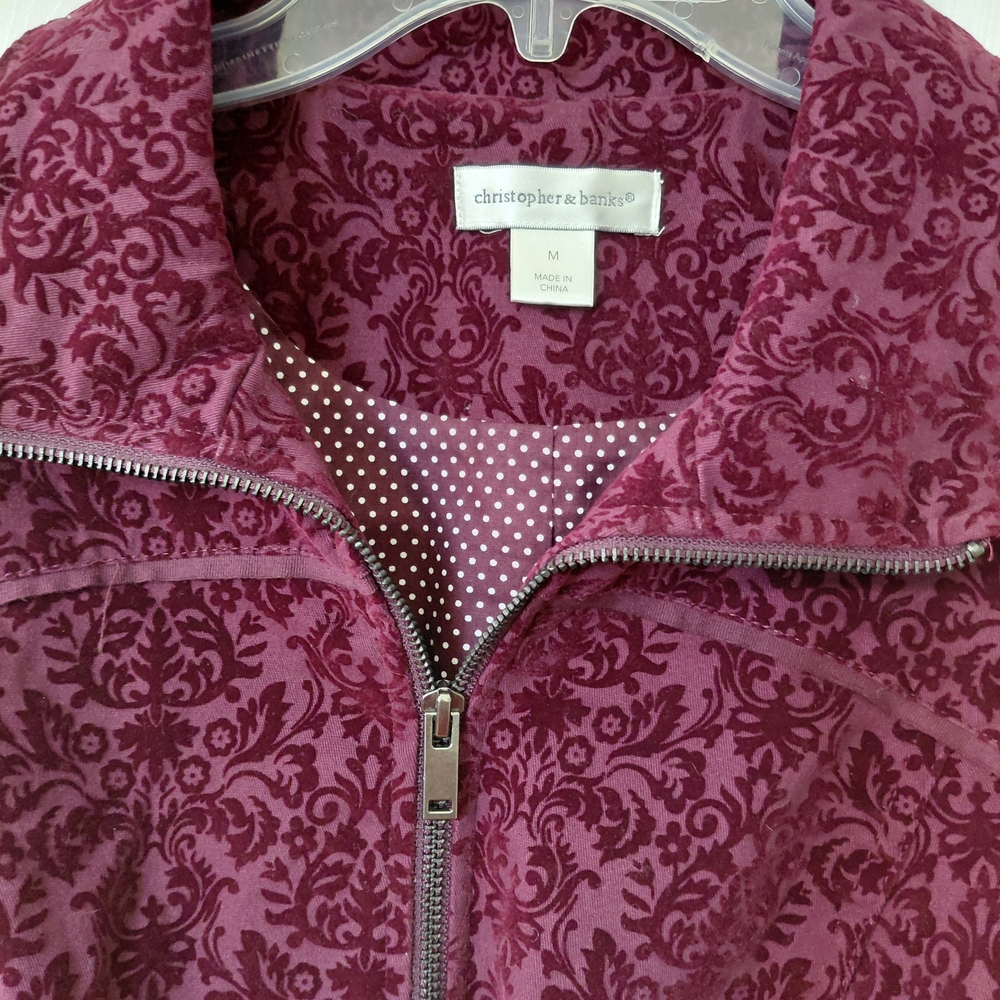 Women's Burgundy Patterned Drawstring Zip Jacket - image 2